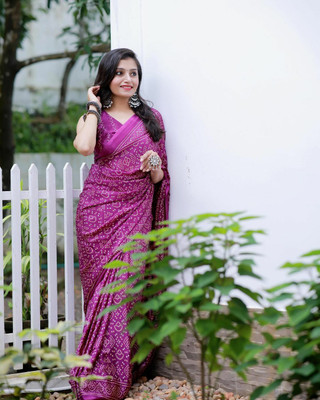 DHYEY CREATION Printed Bandhani Pure Silk, Silk Blend Saree(Purple)