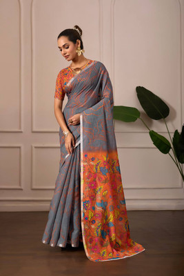 SILKORA Digital Print, Floral Print Bollywood Linen Saree(Grey)