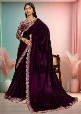 hutah Self Design, Embroidered Bollywood Velvet Saree(Purple)