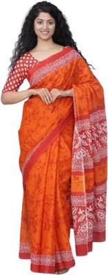 Tropwear Self Design, Printed, Blocked Printed, Digital Print, Hand Painted Daily Wear Pure Cotton Saree(Orange)
