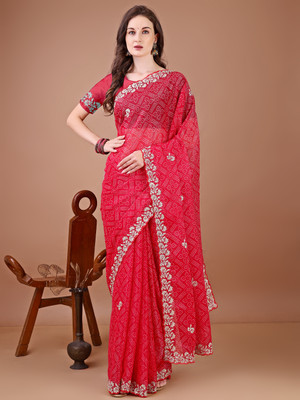 Tasrika Printed Bandhani Georgette Saree(Red)