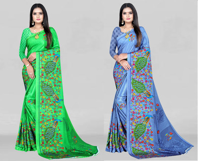 Leelavati Printed Bollywood Crepe Saree(Pack of 2, Green, Blue)
