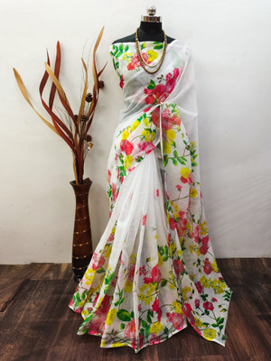 ANOUK Printed Daily Wear Cotton Linen Saree(White)