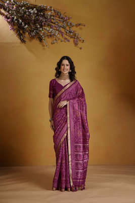 erika Printed, Geometric Print, Floral Print, Woven Patola Cotton Silk Saree(Magenta)