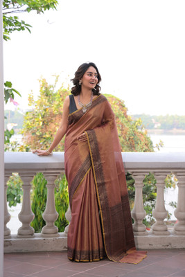 SWARAALI Woven, Self Design Handloom Tissue Saree(Orange)