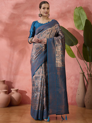 ShopGlobal Embellished, Woven Banarasi Pure Silk Saree(Dark Green)