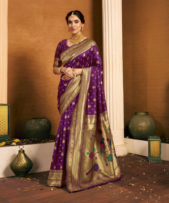 Samah Woven, Embellished Paithani Silk Blend, Jacquard Saree(Purple)