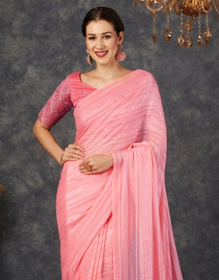 Samah Dyed, Embellished, Striped, Woven Bollywood Georgette Saree(Pink)