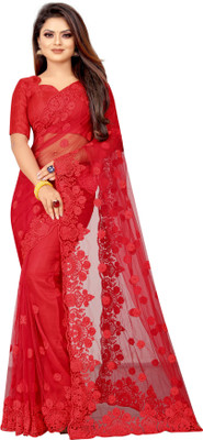 HouseOfCommon Embroidered Bollywood Net Saree(Red)