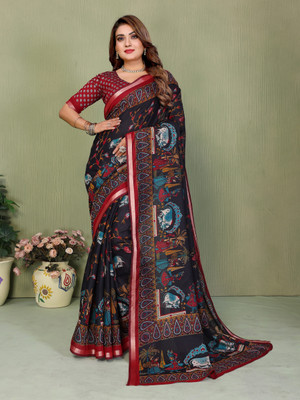 Sarly Printed Bollywood Cotton Blend Saree(Black)