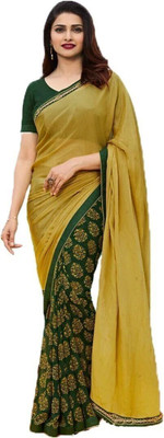ROOP SUNDARI SAREES Self Design, Floral Print, Printed Bollywood Georgette Saree(Green, Yellow)