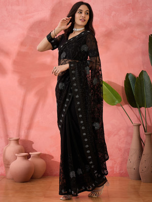 Sangria Embroidered Saree with Attached Blouse Net Saree(Black)