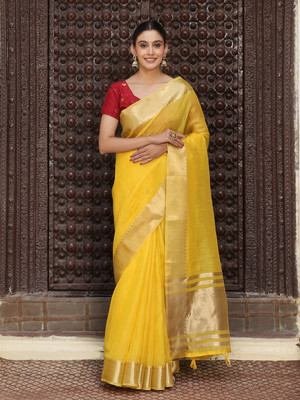 Tasrika Woven Banarasi Cotton Silk Saree(Yellow)