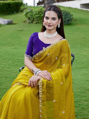 HouseOfCommon Solid/Plain Bollywood Chiffon, Pure Silk Saree(Yellow)
