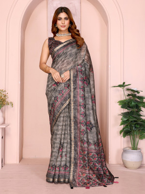TRINETRA STUDIO Printed Chanderi Chanderi Saree(Grey)