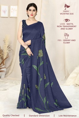 MIRCHI FASHION Printed, Floral Print Daily Wear Silk Blend Saree(Dark Blue, Green)
