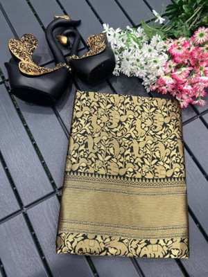 Julee Solid/Plain Banarasi Pure Silk Saree(Black)