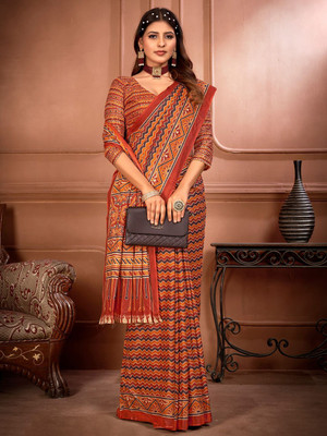 Anouk Rustic Printed Daily Wear Cotton Blend Saree(Orange)