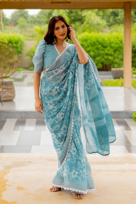 MIRCHI FASHION Printed, Floral Print Daily Wear Cotton Blend Saree(Blue, White)