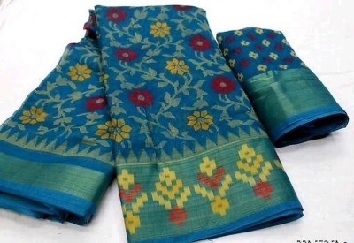 Saadhvi Printed Kanjivaram Cotton Blend Saree(Light Blue)