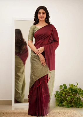 Raees Ethnic Solid/Plain Handloom Cotton Blend Saree(Maroon, Brown)