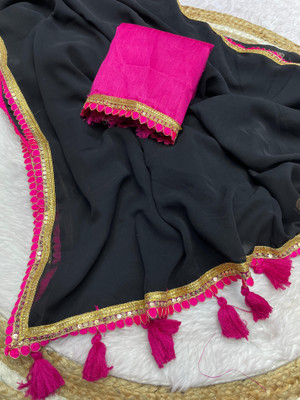 MM VENTURE Solid/Plain Bollywood Georgette Saree(Black)