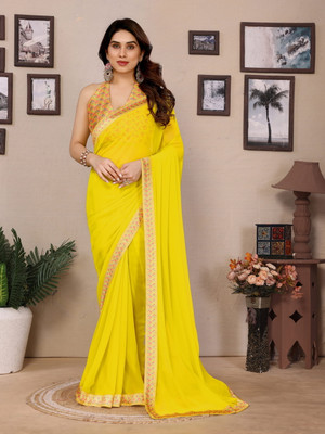 Divastri Digital Print Daily Wear Georgette, Silk Blend Saree(Yellow)