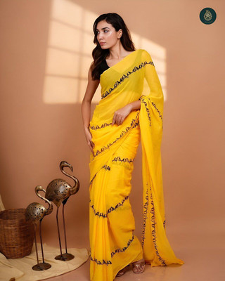 Laxmi Fashion Printed, Floral Print Assam Silk Jacquard, Cotton Silk Saree(Yellow)
