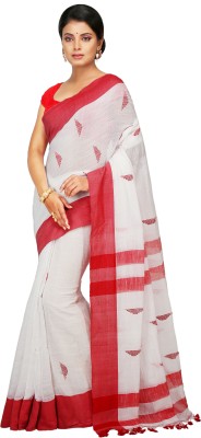 crochetin Woven Bollywood Handloom Cotton Blend Saree(Red, White)