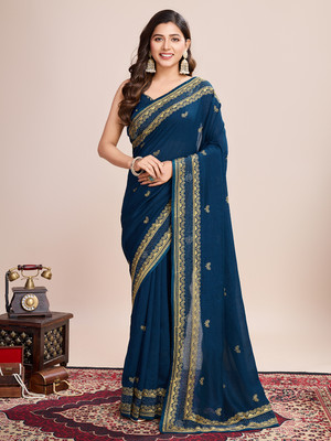 VERAFASHION Embroidered Bollywood Cotton Silk Saree(Dark Blue)
