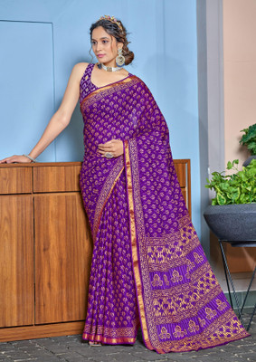 Divastri Printed Chanderi Cotton Blend Saree(Purple)