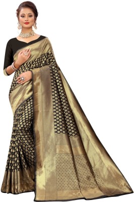 Sanu Silk Woven Kanjivaram Art Silk Saree(Black)