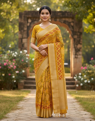 Peachmode Printed, Woven Bollywood Cotton Silk Saree(Mustard)