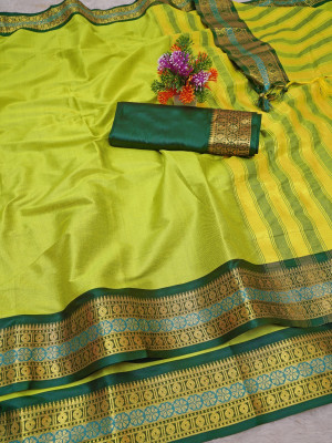 AARMICREATION Woven Banarasi Cotton Silk Saree(Yellow)