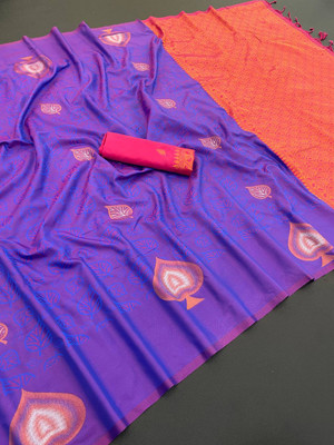MOON VOGUE Woven Saree with Attached Blouse Art Silk Saree(Blue)