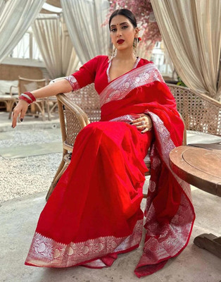 Sareedivine Woven, Solid/Plain Banarasi Handloom Satin Saree(Red)