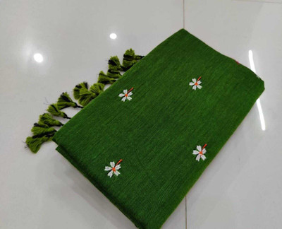 Parbati fashion Embroidered Handloom Cotton Blend Saree(Dark Green)