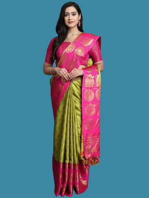 HouseOfCommon Woven Gadwal Art Silk, Jacquard Saree(Light Green)