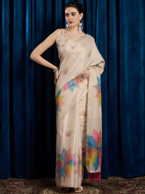 Sareemall Printed Bollywood Linen Saree(Beige)