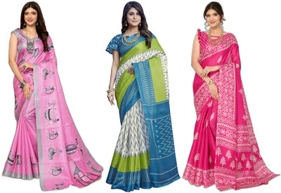 ANIRAV Woven Bhagalpuri Art Silk Saree(Pack of 3, Pink, White, Blue)