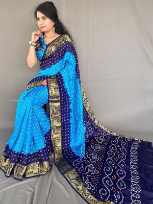 S M PATEL CO Printed Bandhani Art Silk, Viscose Rayon Saree(Blue)