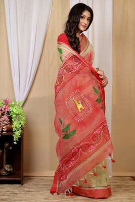 PuJoy Hand Painted, Self Design, Woven Handloom Cotton Blend Saree(Cream, Red)