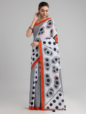 Anouk Rustic Printed Daily Wear Cotton Blend Saree(White)