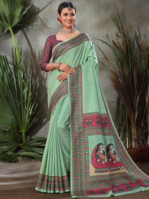 Divastri Digital Print Tant Art Silk Saree(Light Green)