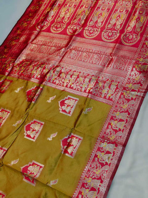 Shampas World Woven Baluchari Silk Blend Saree(Mustard)