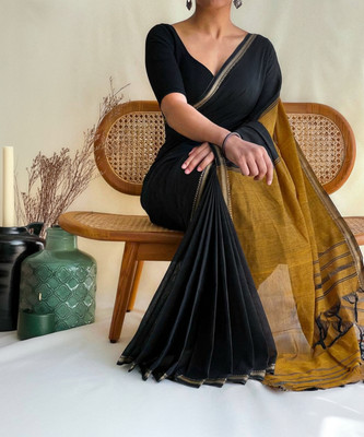 LDma Woven Tant Handloom Cotton Silk Saree(Black)