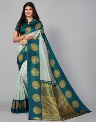 SIRIL Printed, Geometric Print Banarasi Cotton Silk Saree(Green, Gold)