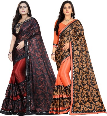 DECOFIN Embellished, Floral Print Bollywood Lycra Blend Saree(Pack of 2, Red, Orange)