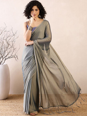Anouk Rustic Striped Pre Draped Saree Georgette Saree(Grey)