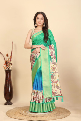J6 Designers Floral Print Madhubani Cotton Silk Saree(Multicolor)